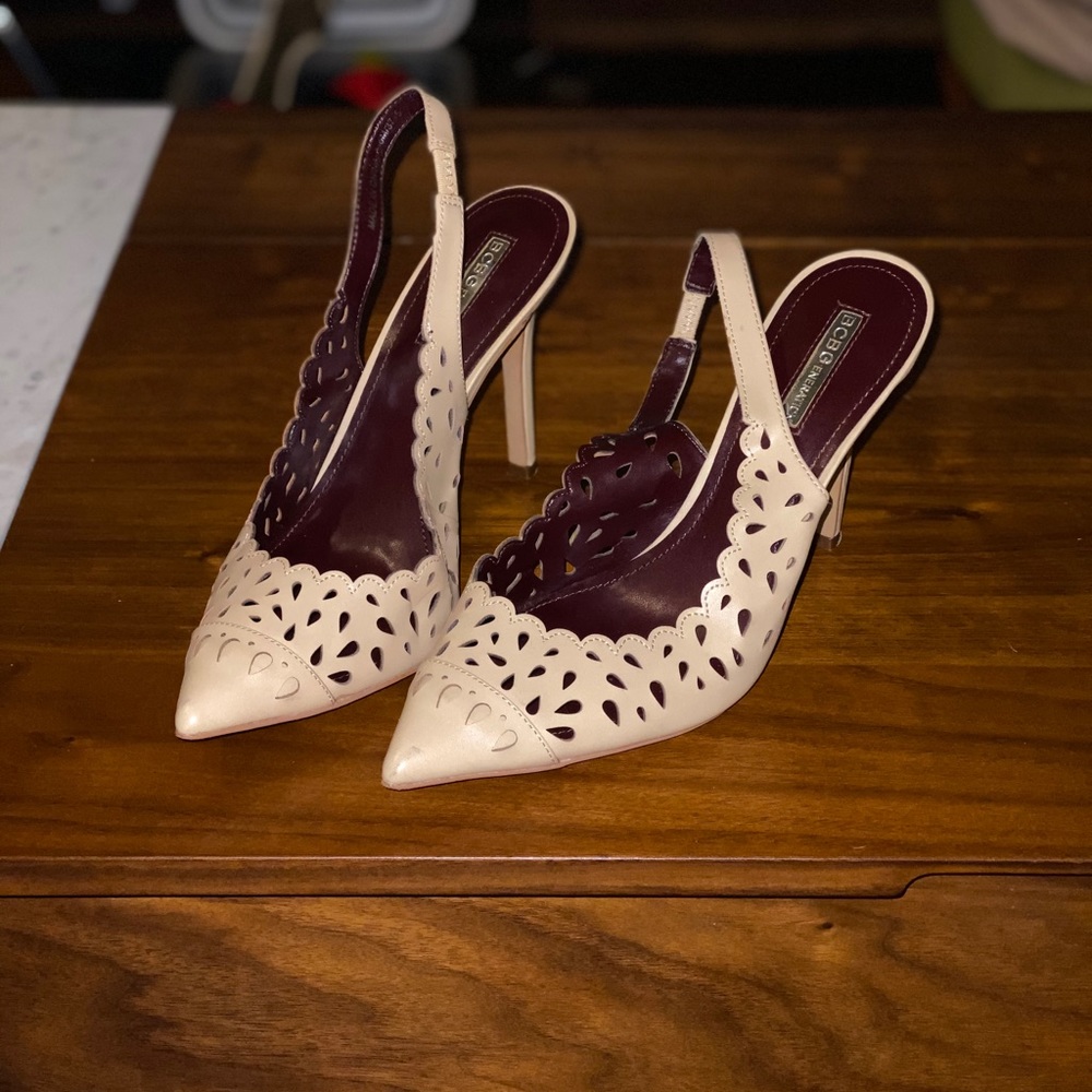 Nude sling-back laser cut heels